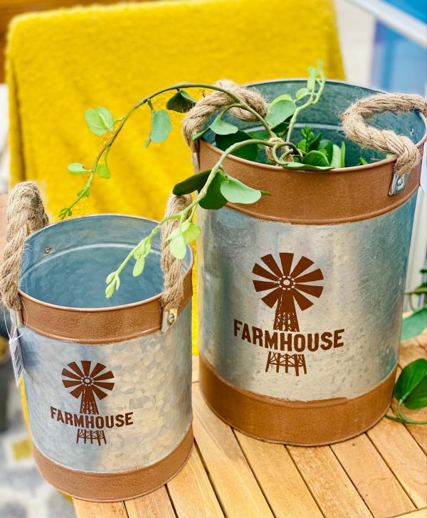 Farmhouse Windmill Zinc Buckets Set Of 2  |   Zinc Garden Decorations Garden Decor Zinc Garden Decorations