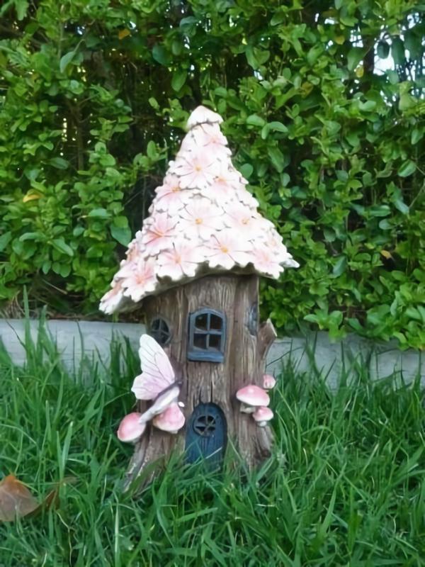 Solar Fairy House – Pink Flowers With Butterfly  |   Garden Angel & Fairy Figurines Figurines Garden Angel & Fairy Figurines