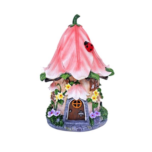 Solar Fairy House – Pink Flowers With Ladybug  |   Garden Angel & Fairy Figurines Figurines Garden Angel & Fairy Figurines