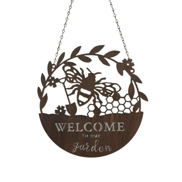 Welcome To Our Garden Hanging Bee Sign  |   Rusted Hanging Ornaments & Indoors Rusted Hanging